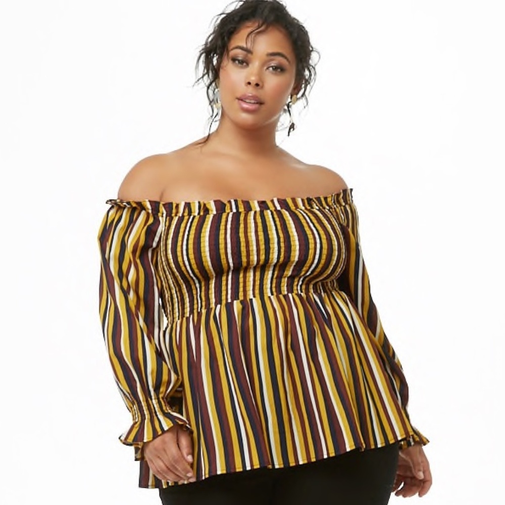 VINE & LOVE PLUS SIZE STRIPED OFF-THE-SHOULDER